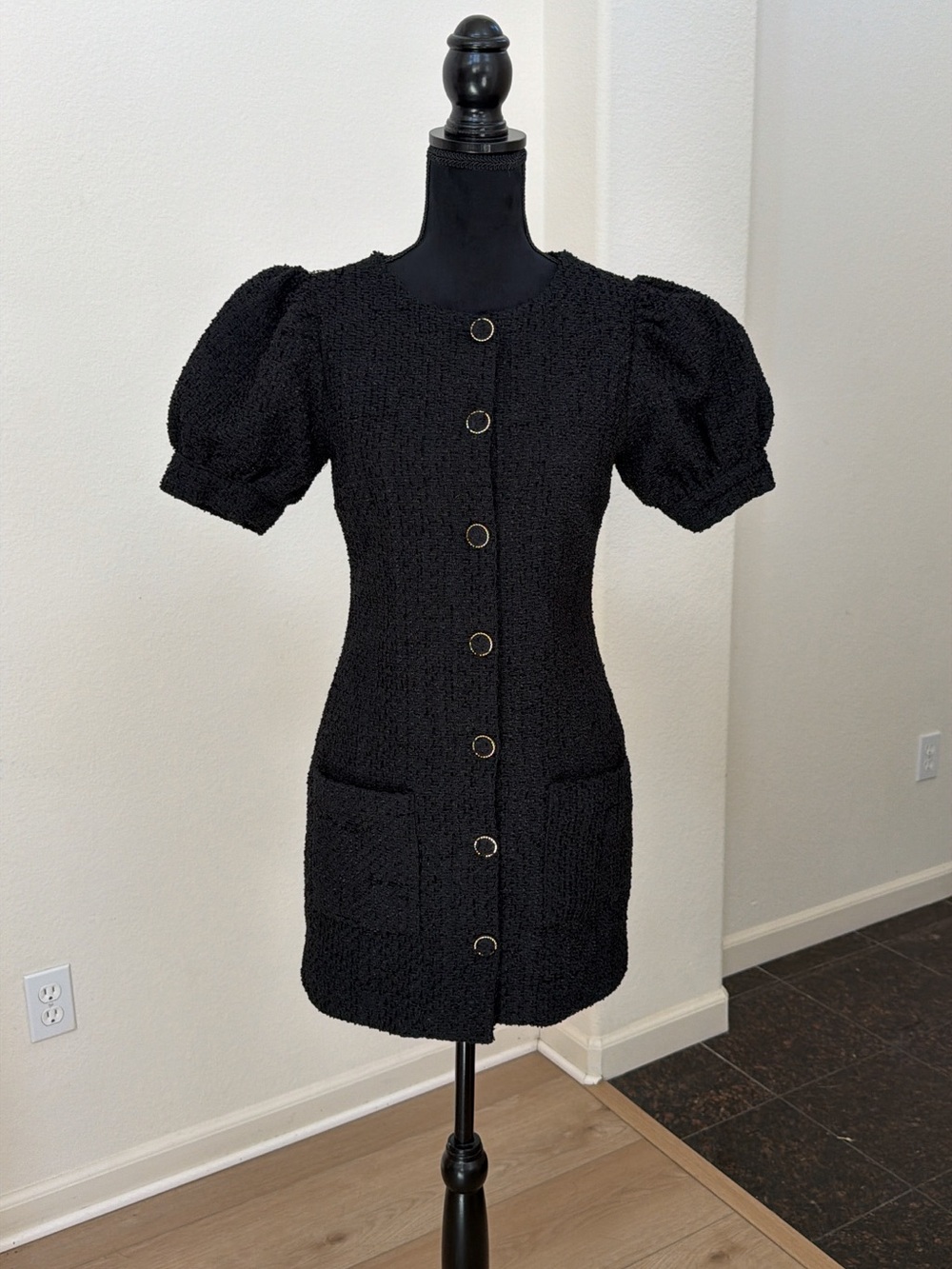 Endless Rose Puff Sleeve Tweed Button Front Mini Dress Black S
